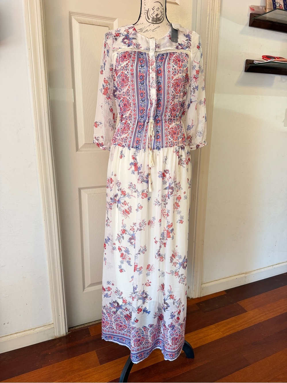 Twelfth Street by Cynthia Vincent White Maxi Dress with Pink & Blue Floral Print